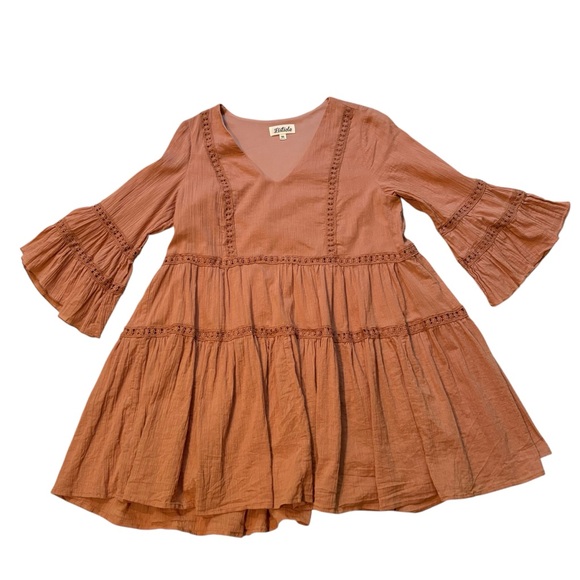 Listicle Boho V-Neck Tiered Bell Sleeve Cotton Mini Dress, Sz M - Picture 12 of 15